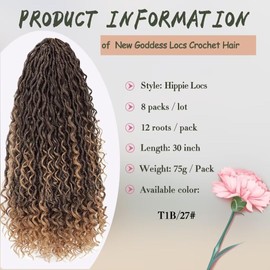 Boho River Locs Crochet Hair 30 inch - 8 Packs Curly Goddess Locs Crochet Hair, Long Boho Hippie Loc, Ombre Crochet Goddess Faux for Black Women(30inch, T1B/27#,8 Packs)