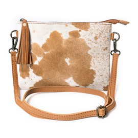 Merbaa cowhide and hair on Pouch bag Genuine cowhide hair on small crossbody Bag with adjustable detachable strap (Tan)