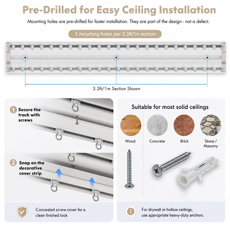 Silent Double Curtain Track Ceiling Mount 5' to 16', Wide