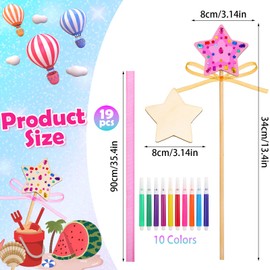 Meyeyaia 57pcs Star Princess Fairy Wands Kit,Make Your Own Princess Wand Include 18 Star Wooden Fairy 9 Gem Stickers 20 Ribbons 10 Markers for Party Supply