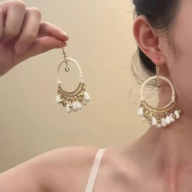 Boho Mexican Filigree Drop Earring for Women Green Teardrop Beaded Tassel Dangle Earrings Vintage Ethnic Jewelry (White)