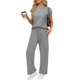 WIHOLL Business Casual Outfits for Women 2 Piece Sets Crew Neck Tracksuit Summer Loungewear Womens Lounge Set Vacation Outfits High Waist Wide Leg Pants Comfy Workout Sets for Women Clothing Grey 2XL
