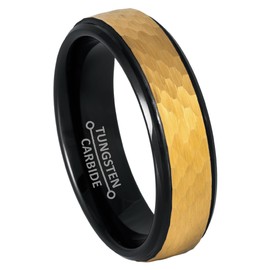 6mm Womens 2-Tone Black Tungsten Wedding Band, Yellow Hammered Finish, Comfort-Fit Stepped Edge Engagement Ring - TN984s13