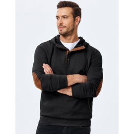 JMIERR Hoodies for men Casual Cotton Textured Long Sleeve Quarter Collar Drawstring Button Pullover Hooded Fall Sweatshirts, S, Black