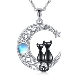 VONALA Cat Pendant Necklace, 925 Sterling Silver Animal Moon Necklace Jewellery Gift for Women, Silver Sterling Silver, Moonstone