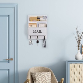 DLQuarts Mail Organizer with Key Holder for Wall Decorative Mail Sorter Wall Mounted, Wooden Mail Holder with 3 Hooks, White