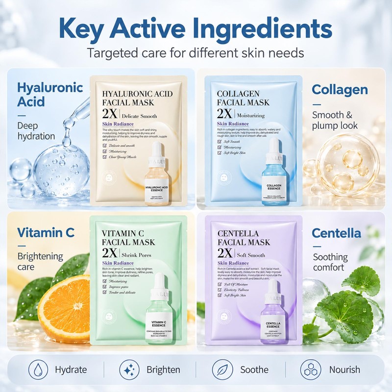16 Pack Korean Sheet Face Mask Skin Care Set for