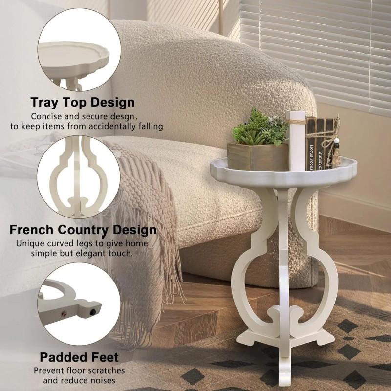 PARISLOFT French Country End Table Cream White Scalloped Edge Tray