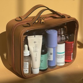 JAZD Clear Makeup Bag Toiletry Bag for Women Cosmetic Case Large Capacity Travel Make Up Bag Organizer Transparent Storage Compartment TSA Approved, BROWN, Clear Cosmetic Bag