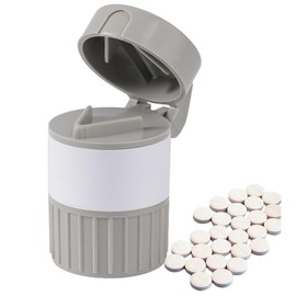 4-in-1 Pill Crusher Pill Grinder Pills Cutter with Storage Box Stainless Steel Grinding Head Pills Grinders Splitter Portable Tablet Fine Powder Press for Family Kid Pet Elderly, Simple Gray