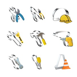 WDYJMALL Konstruktionswerkzeug Ausstechformen, 9-teiliges Set, Scherenzange, Sicherheitshut, Helm, verstellbarer Schraubenschlüssel, Schlagbohrer, Schraubenschlüssel, Schraubendreher,