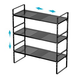 iPEGTOP 3 Pack Large Expandable Cabinet Storage Shelf, Heavy Duty Stackable Steel Metal Spice Rack Adjustable Height Home Office Pantry Garage Shelves for Counter Kitchen Organization, Black