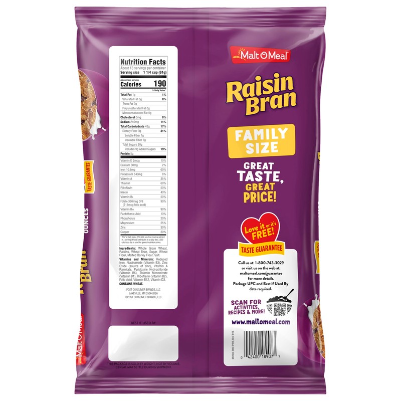 Malt-O-Meal Raisin Bran Cereal, Wheat Flakes and Raisins Breakfast Cereal,