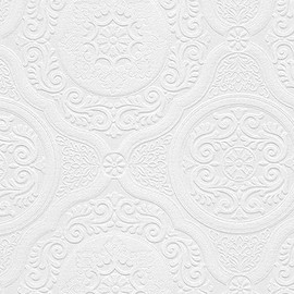 Sample for Display Purpose only.Concord Wallcoverings Paintable Textured Wallpaper Damask Featuring Embossed Floral Ornament, Off White, 7 in x 10 in, 48932