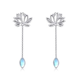 DAYLINLOVE Lotus Earrings 925 Sterling Silver Moonstone Hanging Earrings Flowers Yoga Jewellery Gift for Women Girls Lotus Lovers, Sterling Silver, No Gemstone