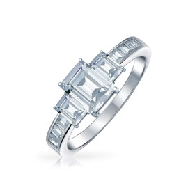 Personalize Art Deco Style 2CT AAA CT Rectangle Three Stone Past Present Future Emerald Cut Promise Engagement Ring For Women .925 Sterling Silver Baguette Side Stone Band Customizable