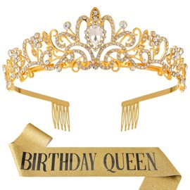 ZeroStage Birthday Sash and Tiara for Women Queen Crystal Crown Rhinestone Princess Hair Headband Set Happy Party Decorations Accessories Girls Gifts Outfit Kits Gold