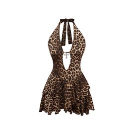 SOLY HUX Women's Leopard Print Halter Dress Y2k Gothic Deep V Neck Layered Ruffle Mini Dresses Brown Leopard Large