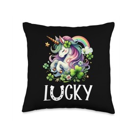 Cute Unicorn Shamrock St Patricks Day Unicorn Lepricorn Throw Pillow