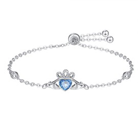 Dreamboat Sterling Silver Claddagh Bracelet for Women Irish Bracelet Blue Heart Bracelets Zircon December Birthstone Bracelet Adjustable Irish Jewelry Gifts for Mom