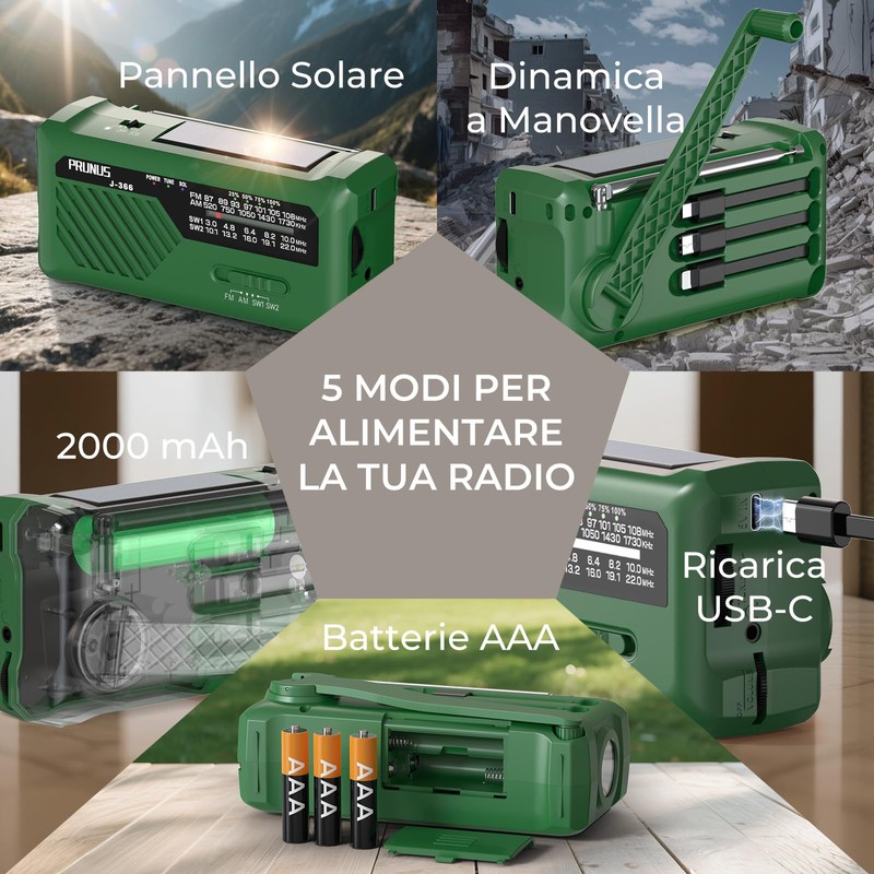 PRUNUS J-366 Radio Portatile Emergenza FM/AM/SW con Manovella Dinamo