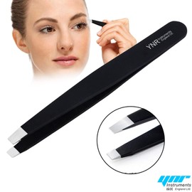 YNR® German Eyebrow Hair Tweezers Precision Pointed Straight Slant Tip | Set of 4 | Stainless Steel Tweezers for Men & Women (Black)
