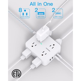10 Ft Surge Protector Power Strip, HANYCONY Extension Cord with 8 AC Outlets 4 USB (2 USB C) Ports, Flat Plug, Wall Mount Desk USB Charging Station for Home