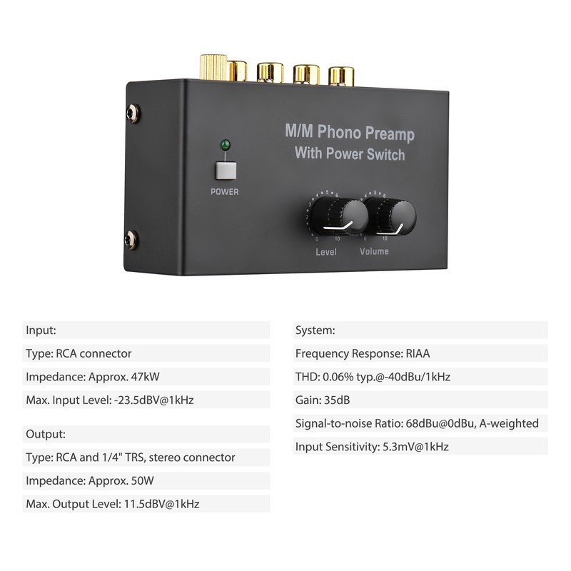 M/M Phono Preamp with Power Switch Ultra-compact Preamplifier with Level