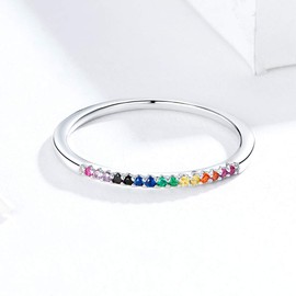 Lorrifal 925 Sterling Silver Ring Colorful Pave Sparkling Cubic Zirconia Rainbow Simple Promise Ring Jewelry Gifts for Women Girls Multiple Sizes 5 to 9, Rhinestone, Cubic Zirconia