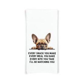 Fawn French Bulldog Every Snack You Make Flour Sack Kitchen Towel with Hanging Loop Funny Peeking Dog Dish Cloth Housewarming Hostess Birthday Christmas Gift