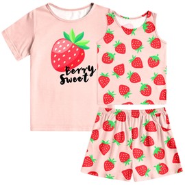 uideazone Girls Pajamas Size 11-12 Cute Strawberry Shirts &Tank Shorts Pjs Set Pink 3 Pieces Sleepwear Kids Soft Loungewear