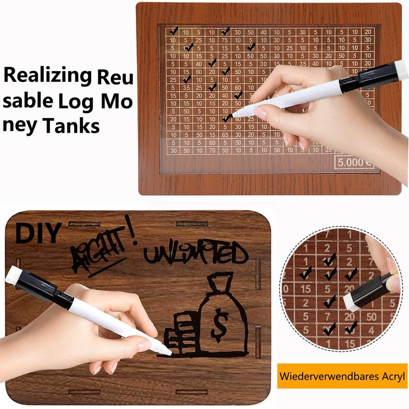 Money Box with Counter for 5000 Euro, Removable Marking Wooden