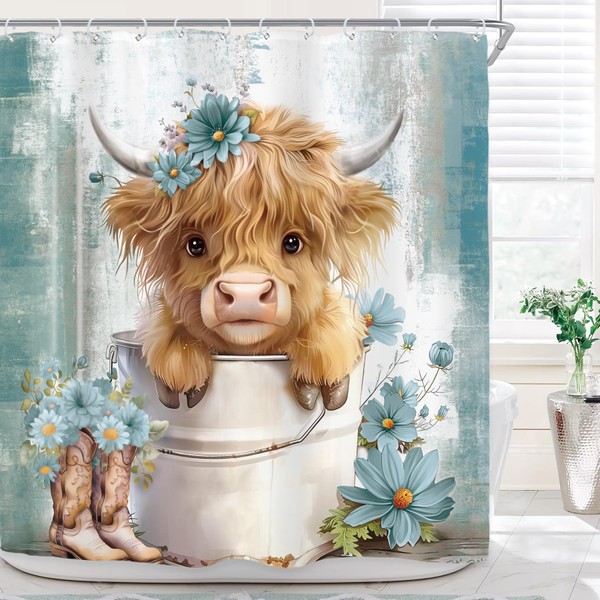 Riyidecor Funny Highland Cow Shower Curtain for Bathroom Decor 72Wx72H