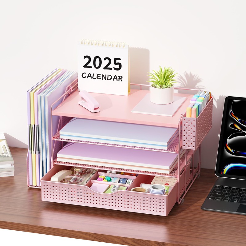 gianotter Wood Desk Organizers and Accessories with File Holder, 4-Tier