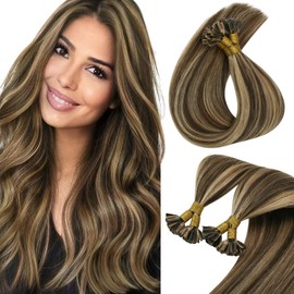 Sunny Hair U Tip Hair Extensions Human Hair Invisible Keratin Hair Extensions Straight Hair Extensions for Women 50G Medium Brown with Strawberry Blonde 18inch