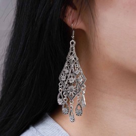 Cimenexe Bohemian Filigree Chandelier Earrings Silver Tear Filigree Earrings Tribal Hollow Dangle Earrings Geometric Filigree Earrings Drop Jewellery for Women and Girls Gifts, Alloy Steel