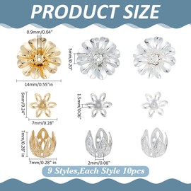 CRAFTYMELODY Pack of 90 Flower Bead Caps, 9 Style, Brass Flower Beads, End Cap, Floral Beads End Spacer, Floral Bead Cap, Filigree for Jewellery Making