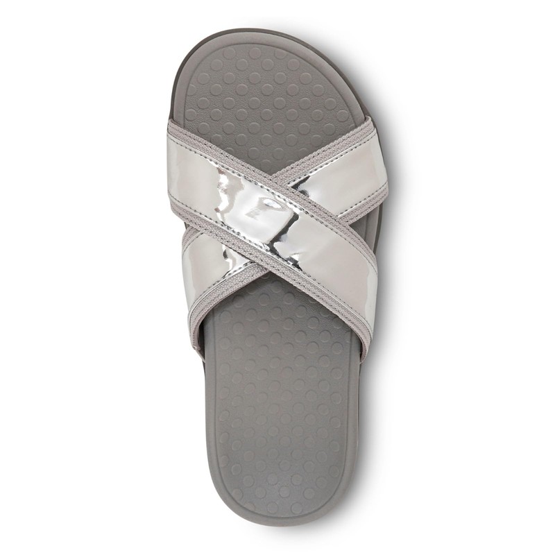 Vionic Merced Womens Cross Strap Slide Orthotic Sanda Silver -
