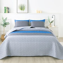 Andency Stripe Quilt Set Twin(68x86Inch), 2 Pieces (1 Striped Quilt and 1 Pillowcase) Blue and Grey Patchwork Bedspread Coverlet Set, Soft Microfiber Quilted Bedding Set