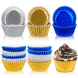 Whaline 150Pcs Graduation Foil Cupcake Liners Congrats Grad Baking Cups Blue Silver Gold Foil Metallic Cupcake Wrappers for Party Supplies