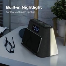 i-box Alarm Clocks Bedside, Alarm Clock with Wireless Charging, Bluetooth Speaker, FM Radio, Qi Wireless Charger, White Noise Machine, Night Light/Mood Light, USB Port, Dimmable, Non Ticking