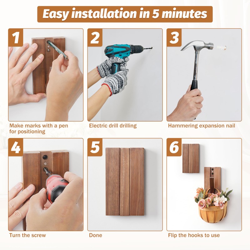 KYIAANY Foldable Wall Hooks 2Pack: Rustic Wooden Coat Hooks Mounted