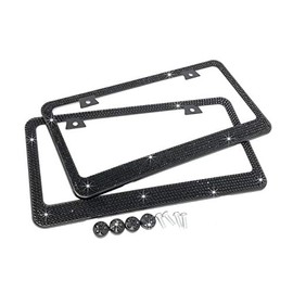 JR2 Premium 2 PCS Shining Crystal License Plate Frame+Free Crystal Cap+Screw (Black)