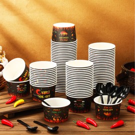 Reallnaive 200 Pack Chili Cook off Party Decorations 9oz 100 Pcs Disposable Sample Cook off Tasting Paper Cups and 100 Pcs Plastic Spoon for Chili Contest Party Supplies