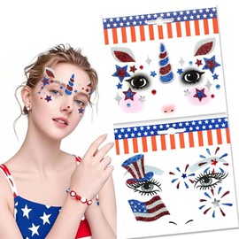 2 Packs Independence Day Face Tattoos 4th of July Star Hat American Flag Design Temporary Tattoo USA Patriotic Glitter Gem Jewelry Eye Shadow Sticker for Women Memorial Day Parade Party Favor Supplies