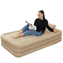 Buric Luxury Queen Air Mattress with Built-in Pump,Comfort Blow up Mattress with Pillow,Fast & Easy Inflatable Mattress, Foldable Blow Up Mattress with Storage Bag (Beige Double Layer-Single Bed)