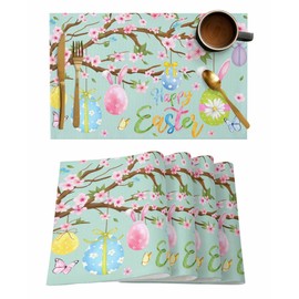 Pink Blue Green Easter Eggs Placemats Set of 6, Easter Eggs Pink Flowers Bunny Ears Butterfly Cotton Linen Table Mats Non-Slip Easter Eggs Teal Green Pink Placemat for Dining Kitchen Table Decor