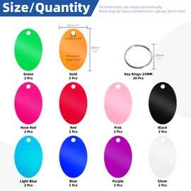 Glarks 40Pcs 38 x 25 x 3.5 x 1 mm Aluminum Oval Laser Engraving Tags Kit, Includes 20pcs 10 Colors Oval Stamping Blank Tag, 20pcs 25mm Silver Key Rings, Round Blank Tag for DIY Tags/Bracelet