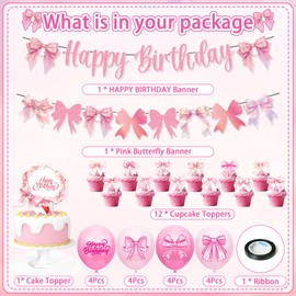 Pink Bow Birthday Party Decorations, 44 Pcs Bow Birthday Party Supplies, Pink Bow Birthday Banner Bow Party Hanging Swirls Set for Girls and Women
