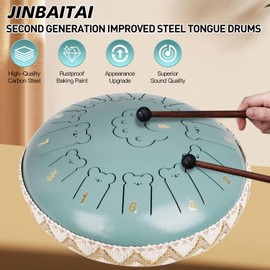 JINBAITAI Steel Tongue Drum - 13 Inch 13 Note Bear Tongue Drum - Steel Drum with Mallets 2 Pairs, Carry Bag and Music Book, Handpan Drums for Adults and Kids, C Major (Moss Blue)